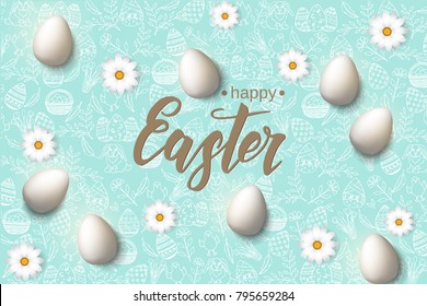 Easter poster with eggs, chamomile hand made trendy lettering "Happy Easter" on blue pattern with paschal symbols in sketch style. Banner, flyer, brochure. Background for holidays, postcards, websites