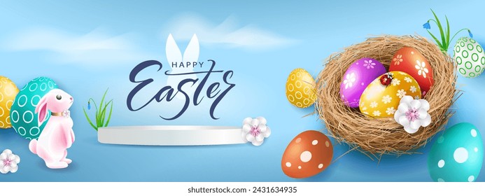 Osterplakat mit Ostereiern im Nest und einem Hasen auf hellweißem Hintergrund.