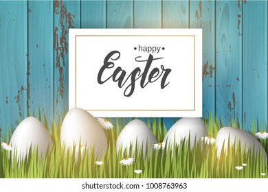 Easter Poster with eggs on the grass, hand made trendy lettering "Happy Easter" on Wooden Background. Banner, flyer, brochure. Background for holidays, postcards, websites
