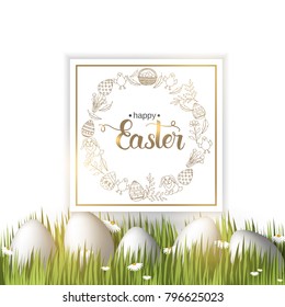 Easter poster with eggs on the grass, paschal hand drawn symbols, hand made trendy lettering "Happy Easter" on white. Banner, flyer, brochure. Background for holidays, postcards, website.