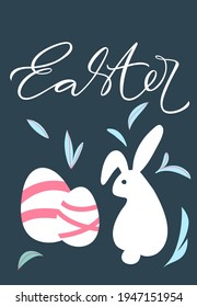 Easter poster with eggs and rabbit. Happy Easter design with lettering in pastel colors on dark background. Modern design.