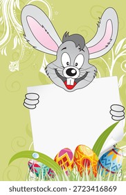Cartaz de Páscoa com ovos, coelho e folha de papel Cartaz de Páscoa com ovos, coelho, folha de papel e elemento floral, ilustração vetorial