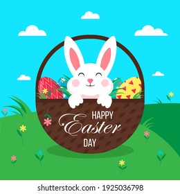 Easter poster with eggs, rabbit, wicker basket.Happy Easter Day. Greetings and gifts for Easter in a flat style.Promotion and purchase template. Banner template for Easter
