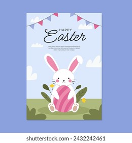 Póster de Pascua o diseño de volante con conejito de Pascua. Ilustración vectorial. Lugar para el texto.
