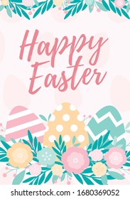 Easter poster.  Flyer design with colorful eggs and spring flowers. Vector flat illustration.