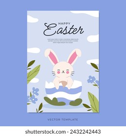 Easter poster or flyer design with cute bunny in eggshell. Vector illustration. Place for text.