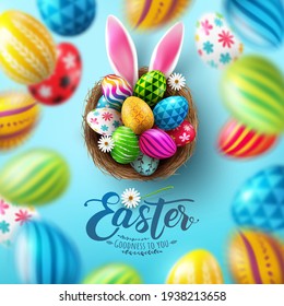 Easter Poster And Flyer Template and Easter eggs in the nest   Rabbit ears bule background Greetings   presents for Easter Day in flat lay styling Promotion   shopping template for Easter