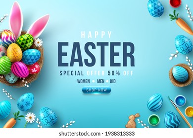 Easter Poster And Flyer Template with Easter eggs in the nest and Rabbit ears on bule background.Greetings and presents for Easter Day in flat lay styling.Promotion and shopping template for Easter