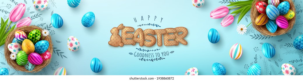 Plantilla de afiches y volantes de Pascua con huevos de Pascua en el nido y fuente de galletas de galletas de galletas en el fondo de la tortilla.Saludos y regalos para el Día de Pascua en estilo laico.plantilla de banner para el Día de Pascua