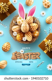 Easter Poster And Flyer Template with Easter eggs in the nest and Rabbit ears on bule background.Greetings and presents for Easter Day in flat lay styling.Promotion and shopping template for Easter