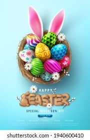 Easter Poster And Flyer Template with Easter eggs in the nest and Rabbit ears on bule background.Greetings and presents for Easter Day in flat lay styling.Promotion and shopping template for Easter