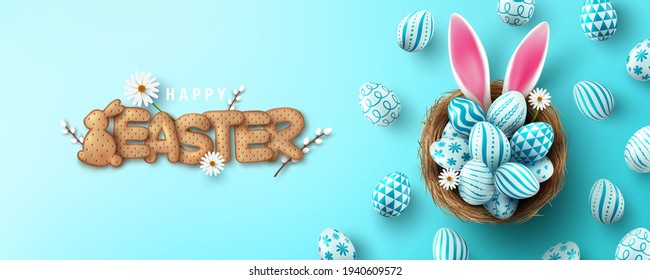 Easter Poster And Flyer Template with Easter eggs in the nest and Rabbit ears.Greetings and presents for Easter Day in flat lay styling.Promotion and shopping template for Easter