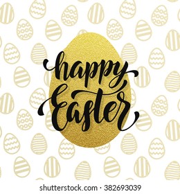 Easter poster gold egg with and seamless pattern background. Vector illustration with calligraphy lettering title