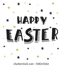 Easter poster with gold glitter hand drawn black on white background. Decorative card. Easter poster. Glitter gold.