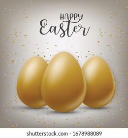 Ostern-Poster. Goldene Eier und Konfetti. Vektorillustration.