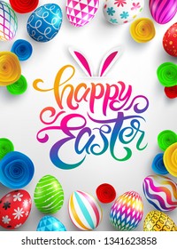 Easter Poster with gradient lettering,paper flower and colorful Painted Easter Eggs.Easter eggs with different texture on white background.Promotion and shopping template for Easter Day.Vector EPS10