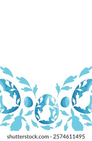 Easter poster or greeting card template with blue Easter eggs with shadow of sitting rabbit and shadow of rabbit and blue leaves