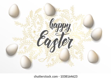 Easter poster with hand made trendy lettering "Happy Easter" and golden floral symbols in sketch style. Banner, flyer, brochure. Background for holidays, postcards, websites