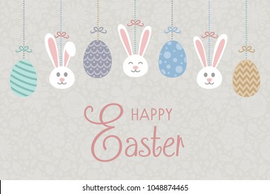 Easter - poster with hanging decoration and greetings. Vector.