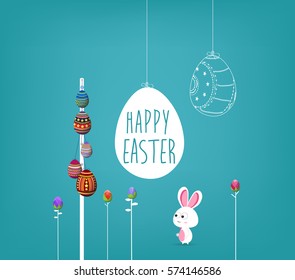Easter poster. Hanging eggs on blue background with handwritten text