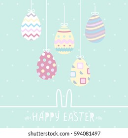 Easter poster. Hanging eggs on blue background with handwritten text. Vector illustration