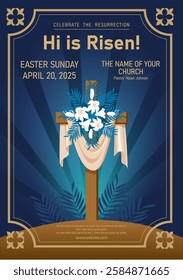 Easter poster, holiday design template for Christian community. Christian cross with wreath of white lilies and palm branches, vintage golden frame and text. Vector illustration