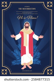 Easter poster, holiday design template for Christian community. Risen savior Jesus on dark background with glow and vintage golden frame and text. Vector illustration