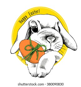 Easter poster with image of a bunny with egg. Vector illustration.
