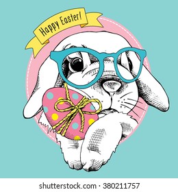 Easter poster with image of a bunny in glasses with egg. Vector illustration.