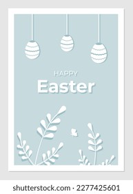 Easter poster with paper cut plant elements and lettering. Vector illustration of hanging Easter eggs. Happy easter greeting card template.