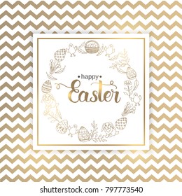 Easter poster with paschal hand drawn symbols, hand made trendy lettering "Happy Easter" on golden and white pattern. Banner, flyer, brochure. Background for holidays, postcards, website.