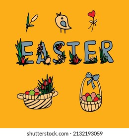 Easter poster and postcard template with Easter eggs in baskets on ocher background. Congratulations and gifts for Easter in a flat style. Easter promotion and shopping template