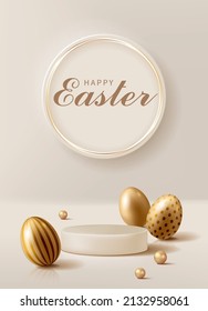 Easter poster for product demonstration. Round pedestal or podium with gold Easter eggs on cream background.