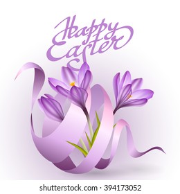 Easter poster with purple ribbon and crocus flowers. Vector illustration. Greeting spring card