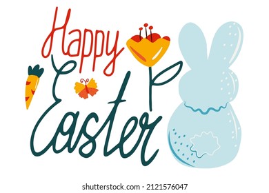 Easter poster with rabbit, carrot, flower and lettering. Vector illustration for greeting cards, decorations of windows, clothes, banners, flyers, web sites.