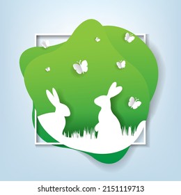Easter Poster Speech Bubble With Rabbits, With Gradient Mesh, Vector Illustration.