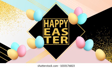Easter poster. Spring holiday banner. Greeting card. Happy Easter. Golden confetti. Colorful eggs. Easter background. Place for text. Banner template.