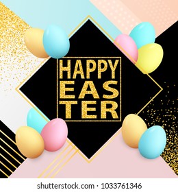 Easter poster. Spring holiday banner. Greeting card. Happy Easter. Golden confetti. Colorful eggs. Easter background. Place for text. Banner template.