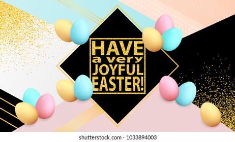 Easter poster. Spring holiday banner. Greeting card. Happy Easter. Golden confetti. Colorful eggs. Easter background. Place for text. Banner template.