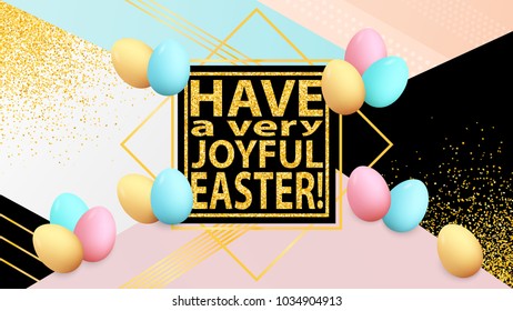 Easter poster. Spring holiday banner. Greeting card. Happy Easter. Golden confetti. Colorful eggs. Easter background. Place for text. Banner template.