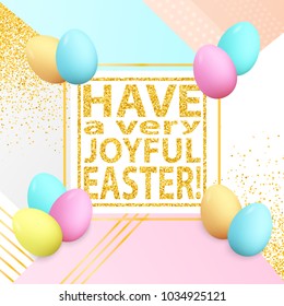 Easter poster. Spring holiday banner. Greeting card. Happy Easter. Golden confetti. Colorful eggs. Easter background. Place for text. Banner template.