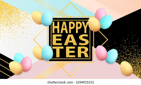 Easter poster. Spring holiday banner. Greeting card. Happy Easter. Golden confetti. Colorful eggs. Easter background. Place for text. Banner template.