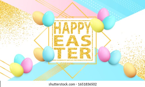 Easter poster. Spring holiday banner. Greeting card. Happy Easter. Golden confetti. Colorful eggs. Easter background. Banner template.