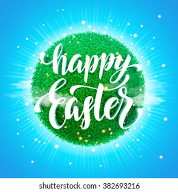 Easter poster. Spring vector illustration of grass globe ball  on bright blue sky background with white clouds