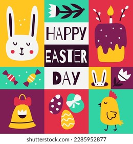 Easter poster. Square graphic poster with cute flat symbols of Easter. Greeting card for web, social media post. Colorful bright contrast card with freehand chidish elements. Vector illustration.