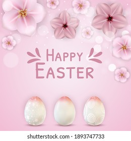 Easter poster template with 3d realistic  Easter eggs.  Template for advertising, poster, flyer, greeting card.  Vector Illustration