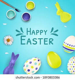 Easter poster template with 3d realistic  Easter eggs, bunny, paint and brush.  Template for advertising, poster, flyer, greeting card.  Vector Illustration
