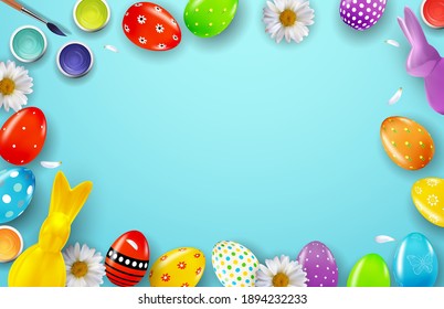 Easter poster template with 3d realistic  Easter eggs.  Template for advertising, poster, flyer, greeting card.  Vector Illustration