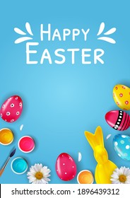 Plantilla de afiches de Pascua con huevos realistas de Pascua 3d.  Plantilla para publicidad, afiche, volante, tarjeta de saludo.  Ilustración vectorial