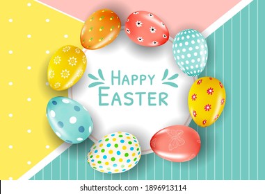 Easter poster template with 3d realistic  Easter eggs.  Template for advertising, poster, flyer, greeting card.  Vector Illustration